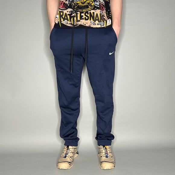 Nike Sweatpants Navy Blue Polyester Joggers White Swoosh Dri Fit - Picture 2 of 4